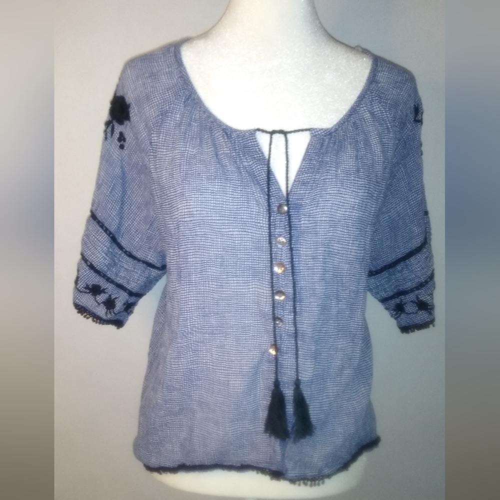 Vintage World Market L/XL blue gingham short sleeve shirt with tassels